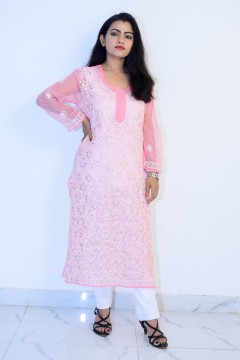 Buy Hand Embroidered Lucknowi Chikan Light Pink Georgette Kurti