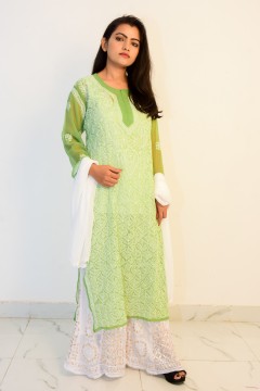 Buy Hand Embroidered Lucknowi Chikan Parrot Green Georgette Kurti